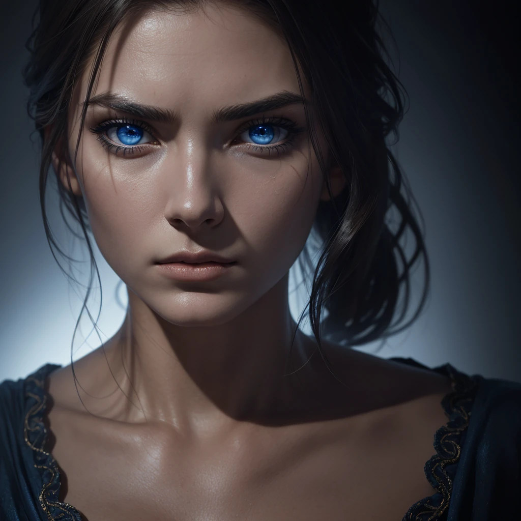 1 woman, striking facial features, deep expressive blue eyes, prominent cheekbones, strong eyebrows, dramatic lighting, chiaroscuro lighting, blurred background, ultra-realistic, 8k, realistic and artistic style, soft skin, intense and captivating mood