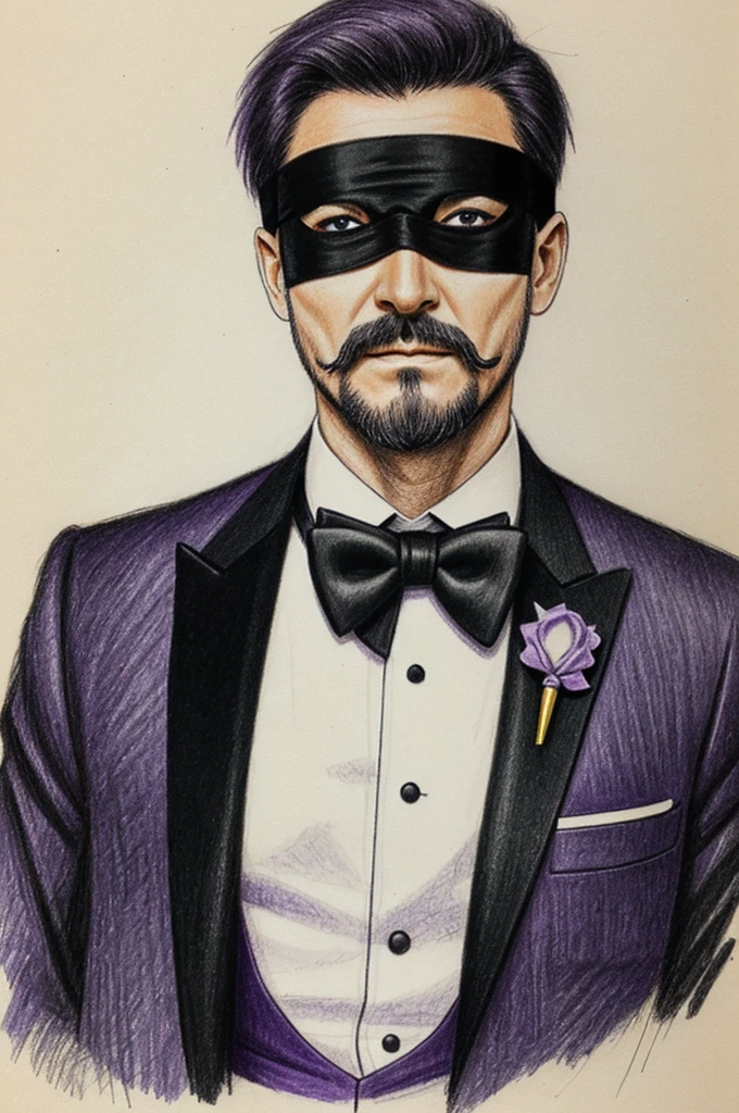 (Simple) (pencil sketch) a 40 year old man in a purple and black tuxedo (wears an eyepatch on his left eye) eyes are yellow 