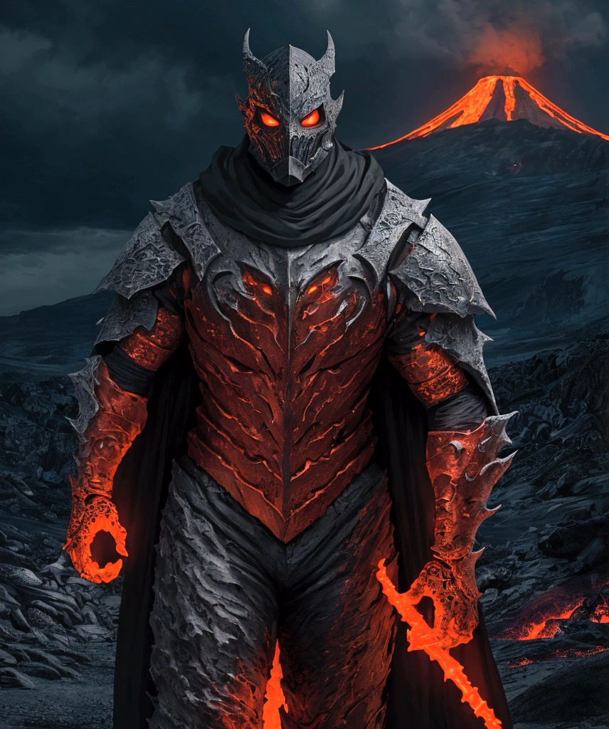(extremely detailed 8k wallpaper), a medium shot photo of Grim dressed as a scary masked lava-supervillain in a glowing lava armour from marvel, theme, intricate, high detail, dramatic, volcano in the background