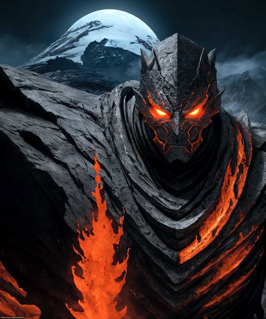 (extremely detailed 8k wallpaper), a medium shot photo of  Grim dressed as a scary masked lava-supervillain in an orange armour made of white glowing armour from marvel, theme, intricate, high detail, dramatic, mountain with lava running down the mountain in the background