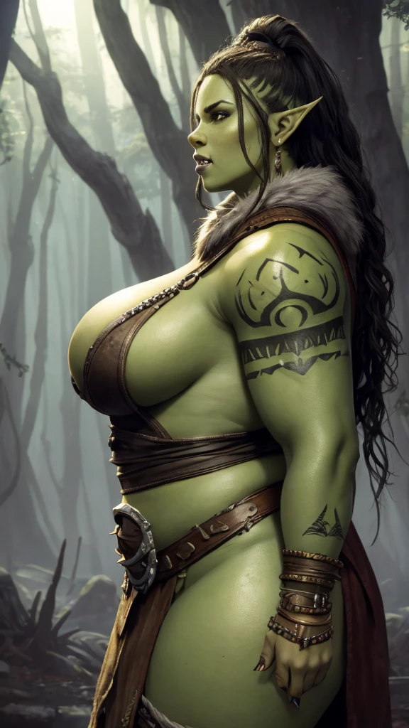Young orc woman (big fangs), female orc, (green skin) , peaceful, dirty skin and hair, dirty wool and leather clothes, wearing linen dress, big saggy breasts, skin imperfections, skin dentation, bone jewelry, forest background, natural lighting, tribal tattoos, muscular, big fat body, highly detailed, 4k, photorealistic, dramatic lighting, cinematic, fantasy art, ultra high quality, sharp Focus, orczor, view from side, interesting poses, weightchubby