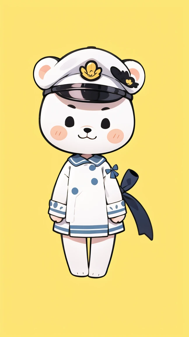 Simple details,Little,whole body, Simple details,Little,whole body, character,Cute White Bear,Marine striped clothing,Marine Cap,Yellow neck ribbon,Yellow background