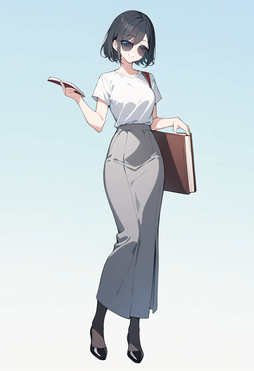 masterpiece, high quality, illustration, simple background, cyan background, high resolution, gradient background, 1girl, solo, fullbody, white shirt, grey jacket, short hair, side swept bangs, black hair , blue eyes , sunglasses, holding book, long skirt, black pantyhose, smile , short sleeves