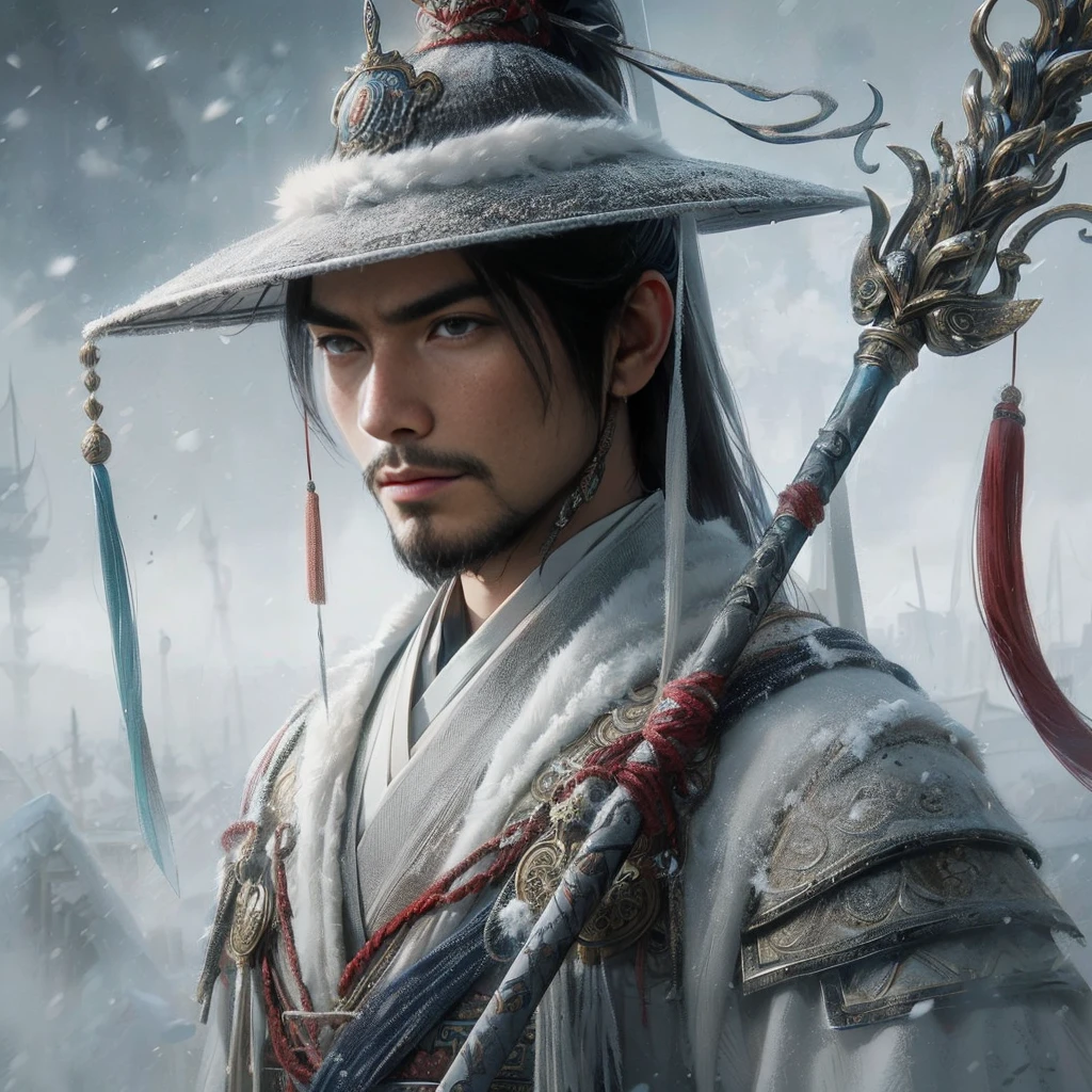 (Masterpiece:1.2), (Best Quality:1.2), (high resolution:1.2), (beautiful face and eye:1.2), (sharpest focus:1.2), (Ultra-realistic Photo:1.2), (Ultra-precise Photo:1.2), (Depth of field:1.2), (perfect anatomy:1.2), (nice hands:1.2),
(perfect hands:1.2), (five fingers:1.2), (Young, fearless, beautiful, shady Chinese man:1.0), (Lonely Chinese warrior with spear:1.0), (Neatly trimmed short beard and tied hair:1.0), (Blazing Chinese period drama style fortress:1.0),
(long spear with serpentine blade and ornate decoration:1.0), (white tsubakuhiro cap and cloak:1.0), (white armor with red, blue, and yellow coloring:1.0), (snowstorm:1.0), (melancholy expression:1.0), (picturesque standing figure:1.0),