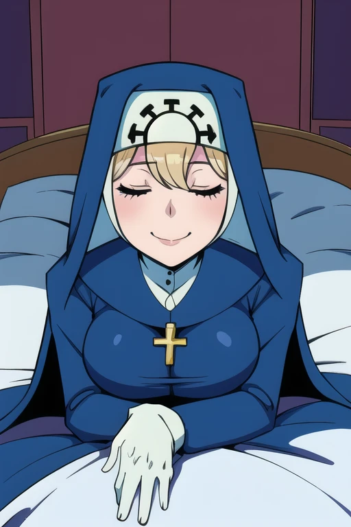 Double, short blonde hair, medium breasts, solo, 1girl, smiling, cowboy shot, closed eyes,
blue habit, cross necklace ,white gloves, long sleeves, nun, long skirt, room, bedroom, lying down, sexy pose, cape, cloak, sexy butt