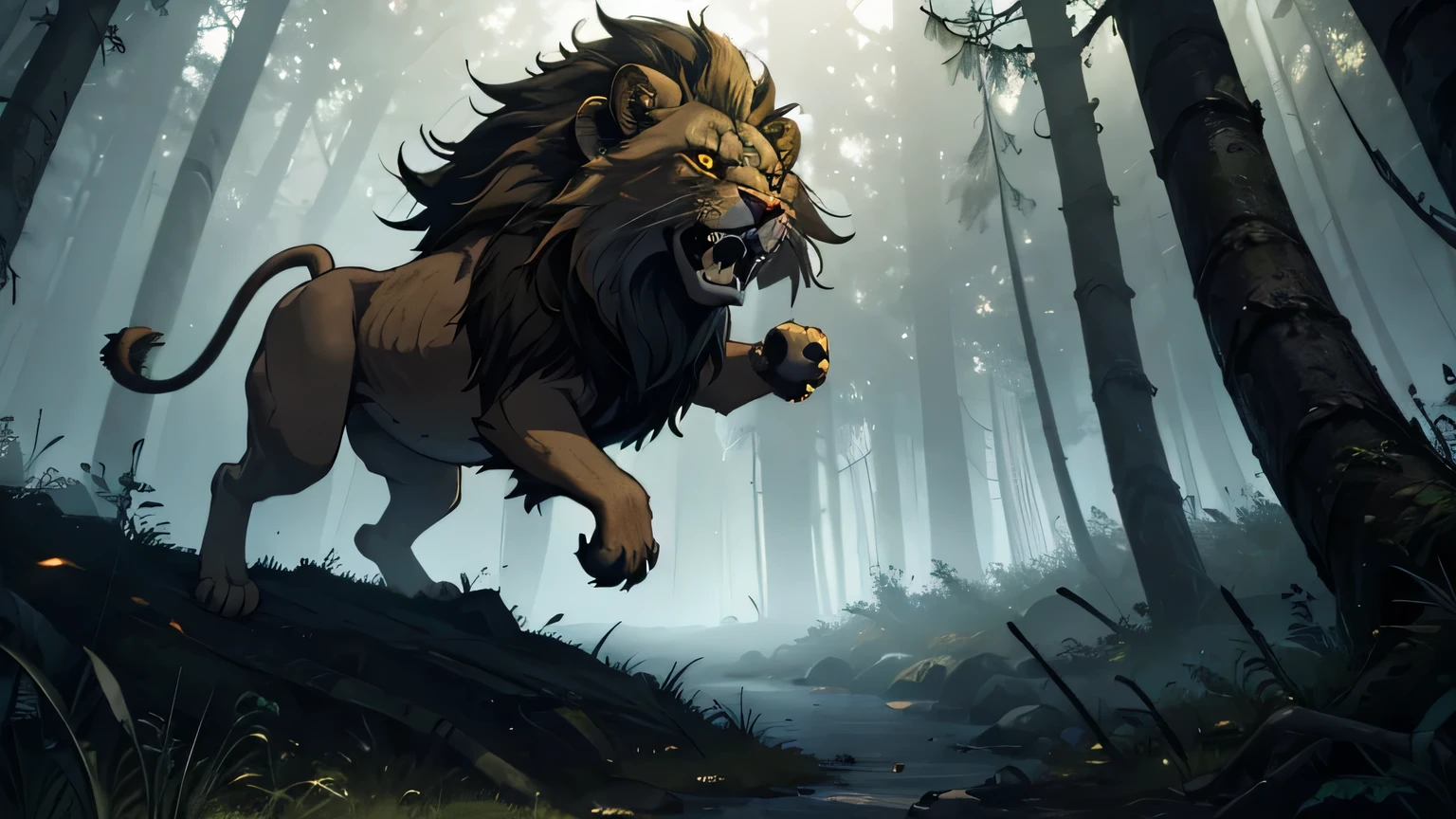 angry lion, attacking in a jump in the air bright yellow eyes, sharp fangs, moody lighting, hyper realistic, gloomy and mysterious forest, cinematic lighting, intricate details, 8k, high quality, photorealistic, dramatic, powerful, majestic