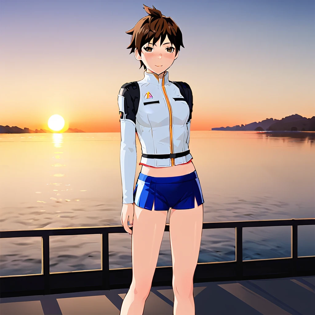 cartoon of a woman standing on a dock with a sunset in the background, makoto shinkai art style, makoto shinkai style, in style of makoto shinkai, makoto shinkai ( apex legends ), style of makoto shinkai, makoto shinkai. high detail, makoto shinkai. digital render, inspired by Makoto Shinkai