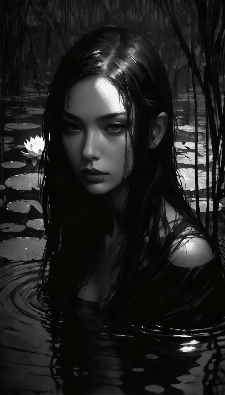 eroticism, sexy, black and white image, between shadows,in the water of a dark swamp with water lilies, oil painting, dramatic lighting, dramatic contrast, chiaroscuro, detailed face, sensual expression, elegant pose, female figure, mysterious, moody, cinematic, dark romantic, Bill Sienkiewicz inspired, dark atmosphere, powerful composition, dramatic shadows, high quality, photorealistic, masterpiece (best quality,4k,8k,highres,masterpiece:1.2),ultra-detailed,(realistic,photorealistic,photo-realistic:1.37),intricate details,,sharp focus,professional,Dave McKean artwork, oil touch of surrealism,oil painting