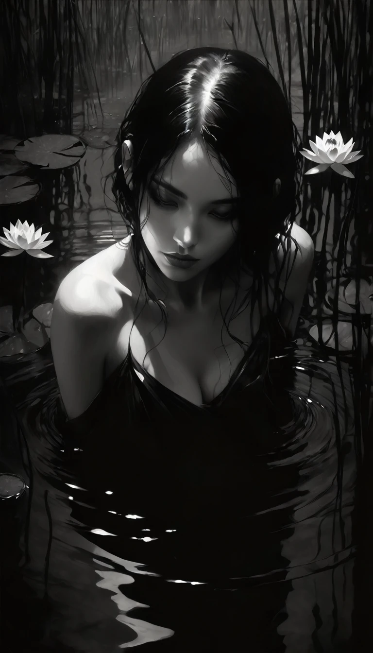 eroticism, sexy, black and white image, between shadows,in the water of a dark swamp with water lilies, oil painting, dramatic lighting, dramatic contrast, chiaroscuro, detailed face, sensual expression, elegant pose, female figure, mysterious, moody, cinematic, dark romantic, Bill Sienkiewicz inspired, dark atmosphere, powerful composition, dramatic shadows, high quality, photorealistic, masterpiece (best quality,4k,8k,highres,masterpiece:1.2),ultra-detailed,(realistic,photorealistic,photo-realistic:1.37),intricate details,,sharp focus,professional,Dave McKean artwork, oil touch of surrealism,oil painting 