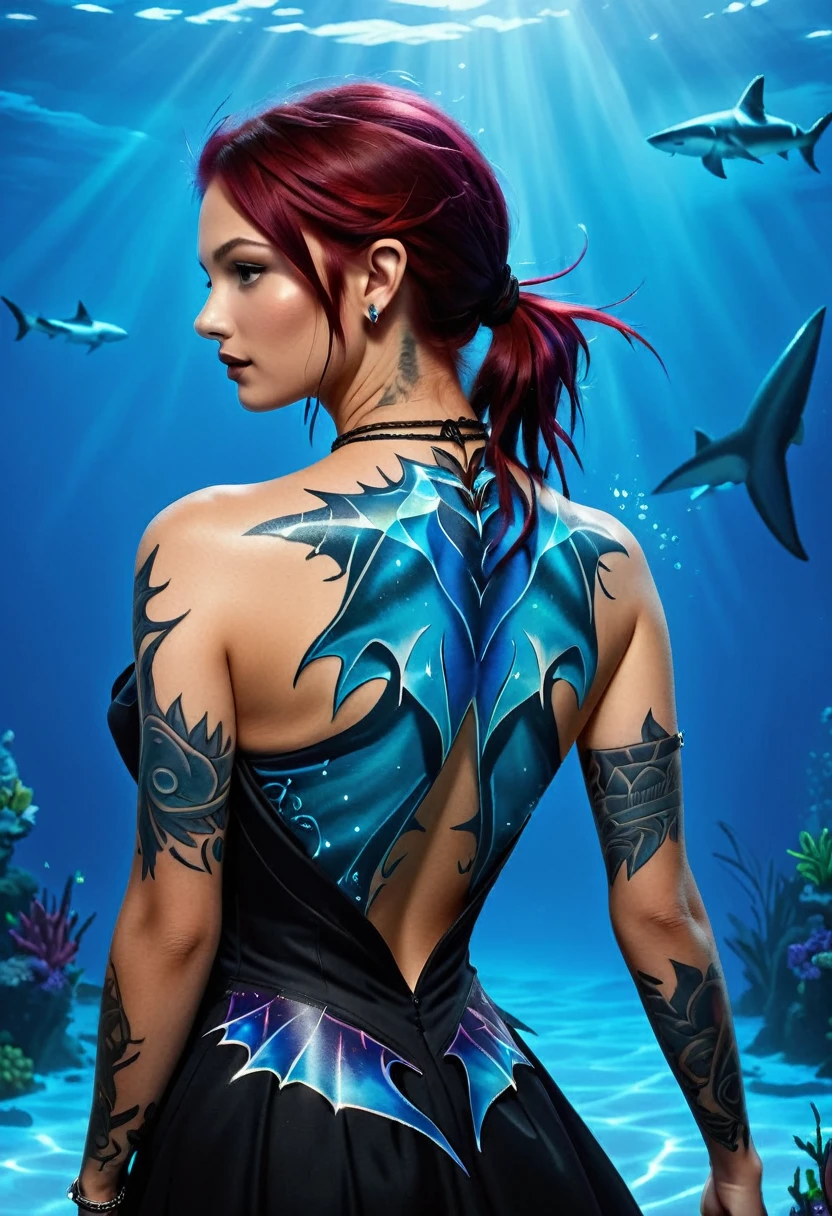 modisn disney, Arafed, Dark fantasy art, fantasy art, goth art, a picture of a ((shark tattoo: 1.5)) on the back of a female elf, of glowing tattoo of a ((blue shark: 1.3)) the shark tattoo is vivid, intricate detailed coming to life rising from the ink to real life, , thes, AlchemyPunkAI, shoot taken from the back, ((the back is visible: 1.3), she wears a transparent dress that the tattoos glow, crystalline dress