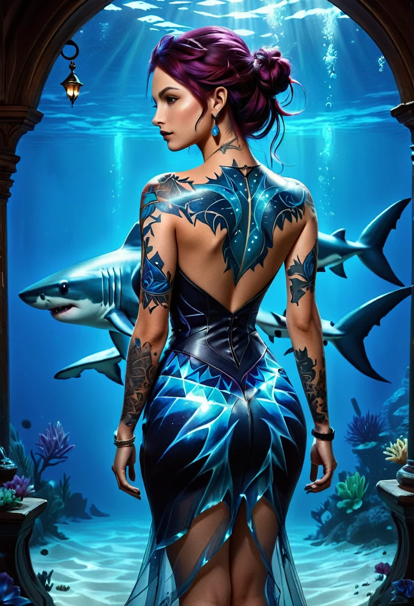 modisn disney, Arafed, Dark fantasy art, fantasy art, goth art, a picture of a ((shark tattoo: 1.5)) on the back of a female elf, of  glowing tattoo of a ((blue shark: 1.3)) the shark tattoo is vivid, intricate detailed coming to life rising from the ink to real life, , thes, AlchemyPunkAI, shoot taken from the back, ((the back is visible: 1.3), she wears a transparent dress that the tattoos glow, crystalline dress
