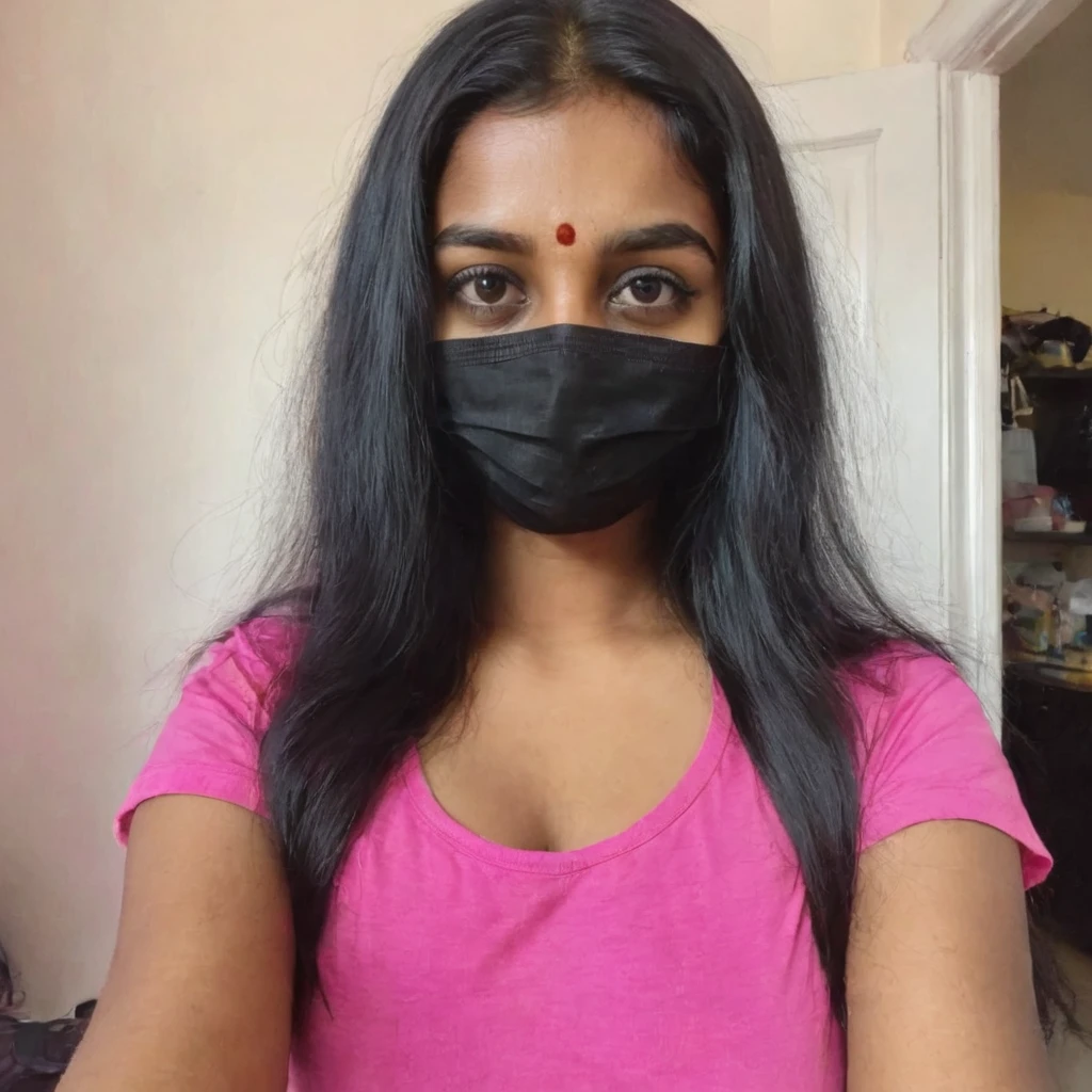 phone photo of a 18 year old south Indian girl in black surgical mask, wearing hot pink t-shirt, cleavage chest clearly visible, uploaded on snapchat