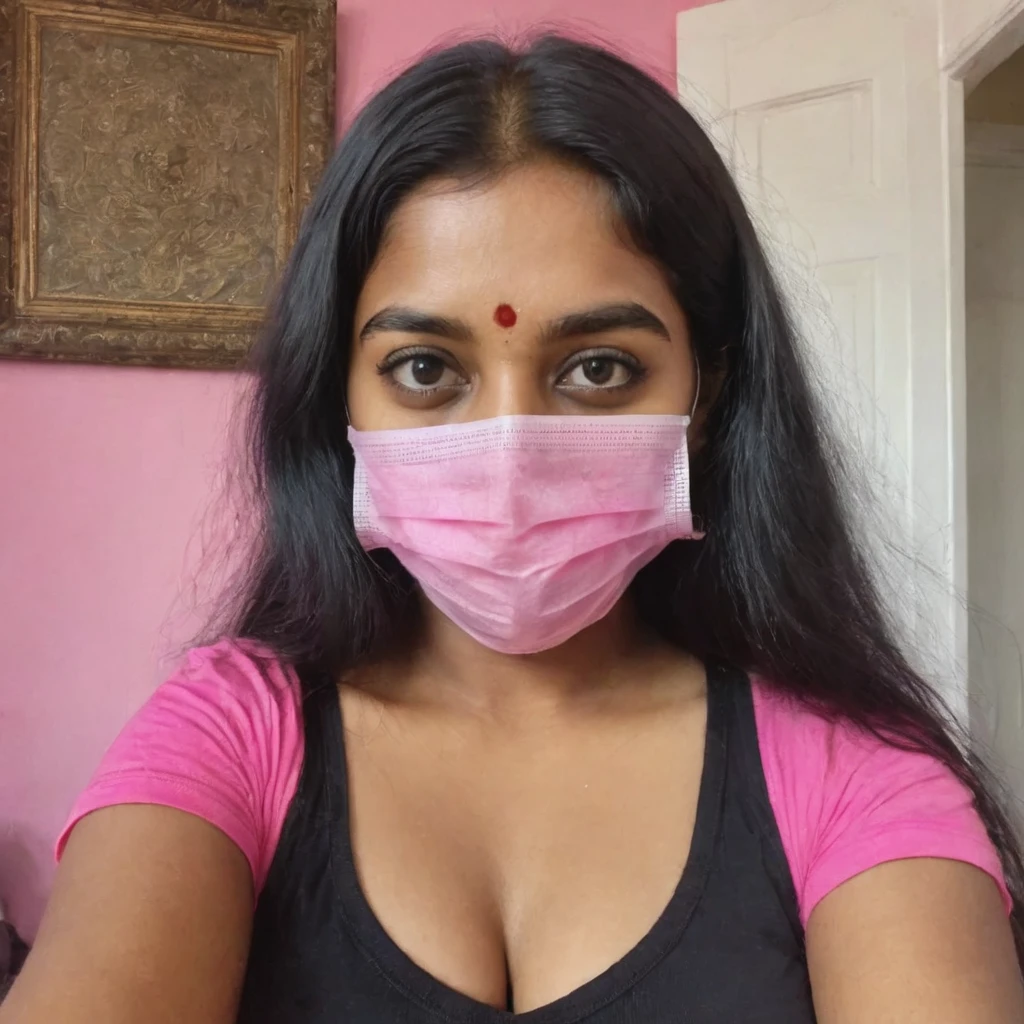 phone photo of a 18 year old south Indian girl in black surgical mask, wearing hot pink t-shirt, cleavage chest clearly visible,  uploaded on snapchat