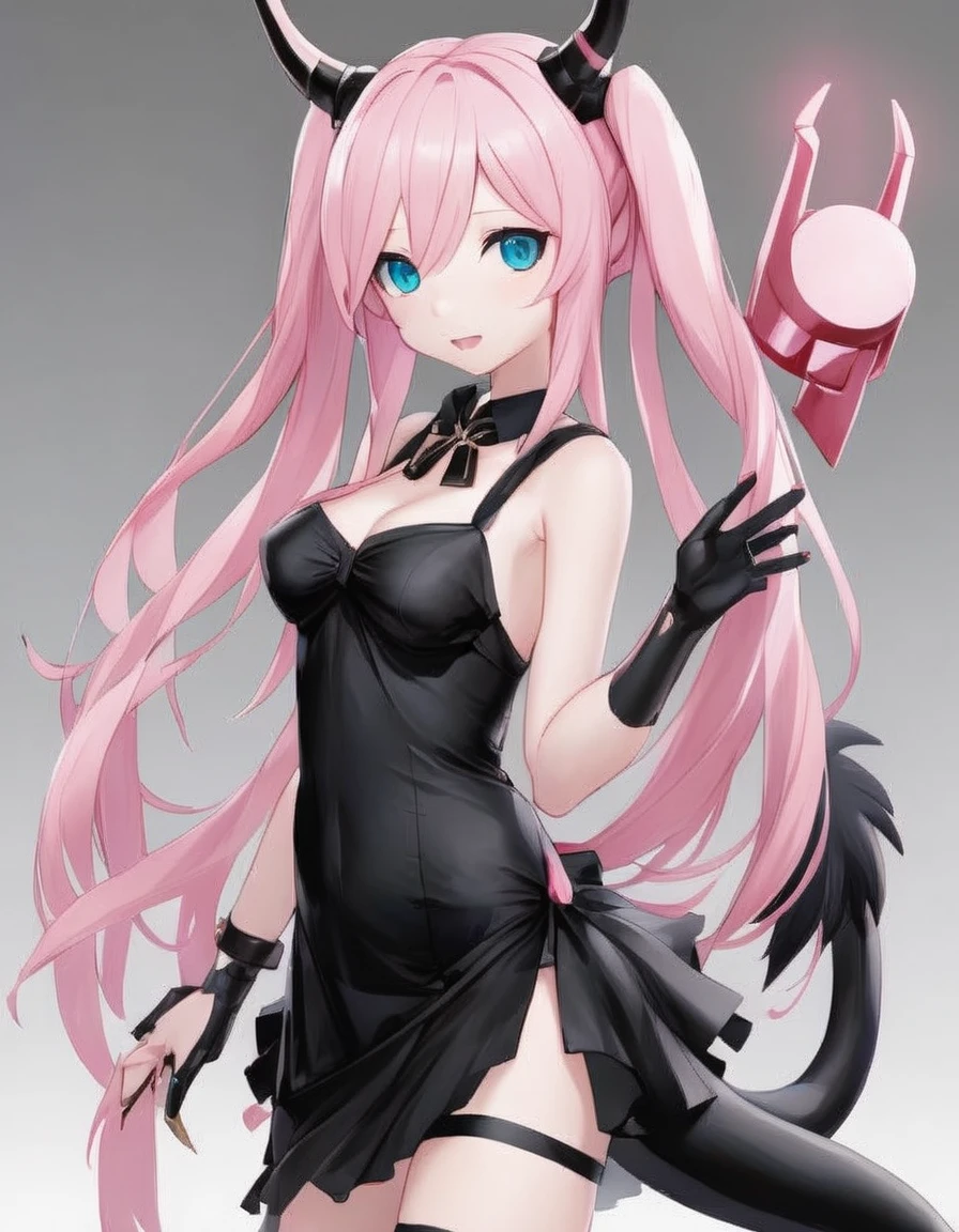 nakano miku with light pink skin, horns, claws, black dress, a tail
