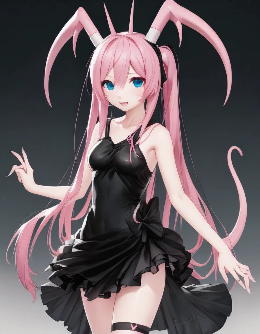 nakano miku with light pink skin, horns, claws, black dress, a tail
