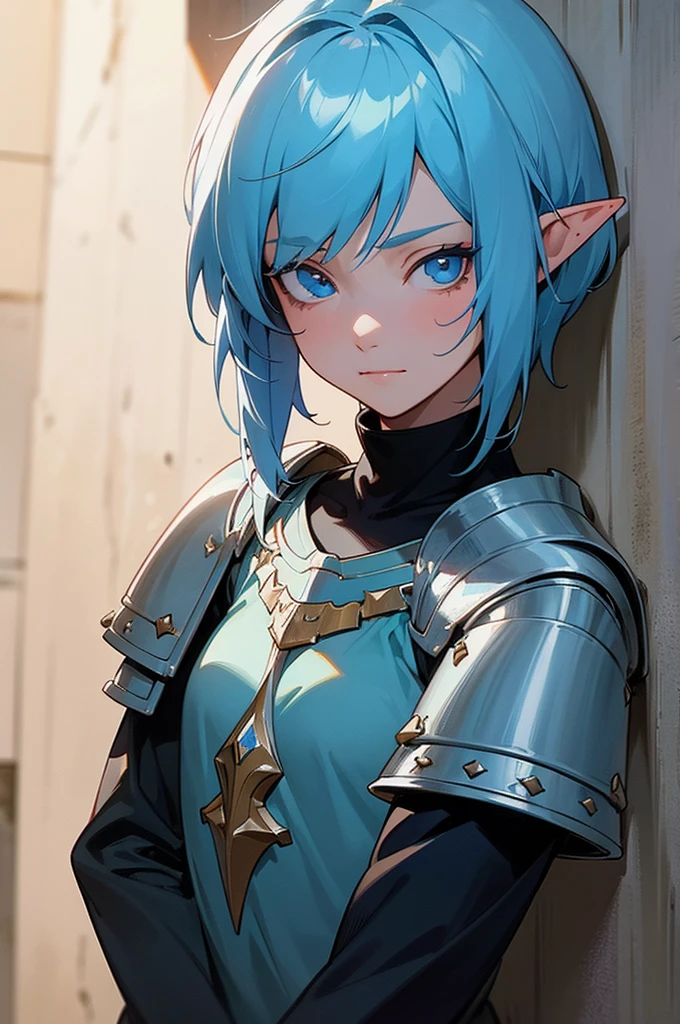 (Background: Town street) looking other way, leaning against a wall, Cleddyf the elf knight,Strong Female elf knight, wearing knight armor, short light blue hair, short, neutral look, blank smile, emotionless[Face close up, detailed face, attention to face, realistic anime], dark fantasy, medieval fantasy
