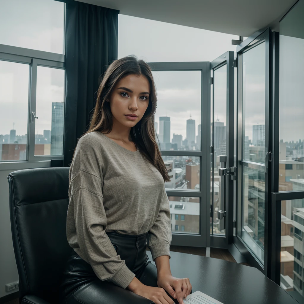 A modern and stylish YouTube studio interior, ideal background for a digital creator, 1girl, sitting at desk, beautiful detailed eyes, beautiful detailed lips, extremely detailed face and features, elegant hairstyle, casual outfit, professional video equipment, sleek furniture, large window with city skyline view, warm lighting, cinematic atmosphere, muted color palette, moody and cinematic, award-winning digital art, photorealistic, 8k, best quality, highly detailed