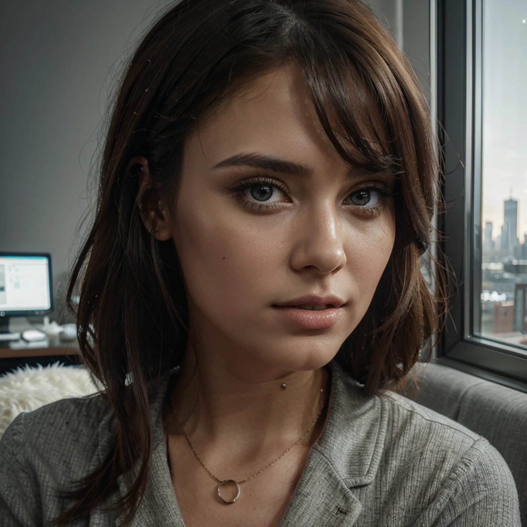 A modern and stylish YouTube studio interior, ideal background for a digital creator, 1girl, sitting at desk, beautiful detailed eyes, beautiful detailed lips, extremely detailed face and features, elegant hairstyle, casual outfit, professional video equipment, sleek furniture, large window with city skyline view, warm lighting, cinematic atmosphere, muted color palette, moody and cinematic, award-winning digital art, photorealistic, 8k, best quality, highly detailed