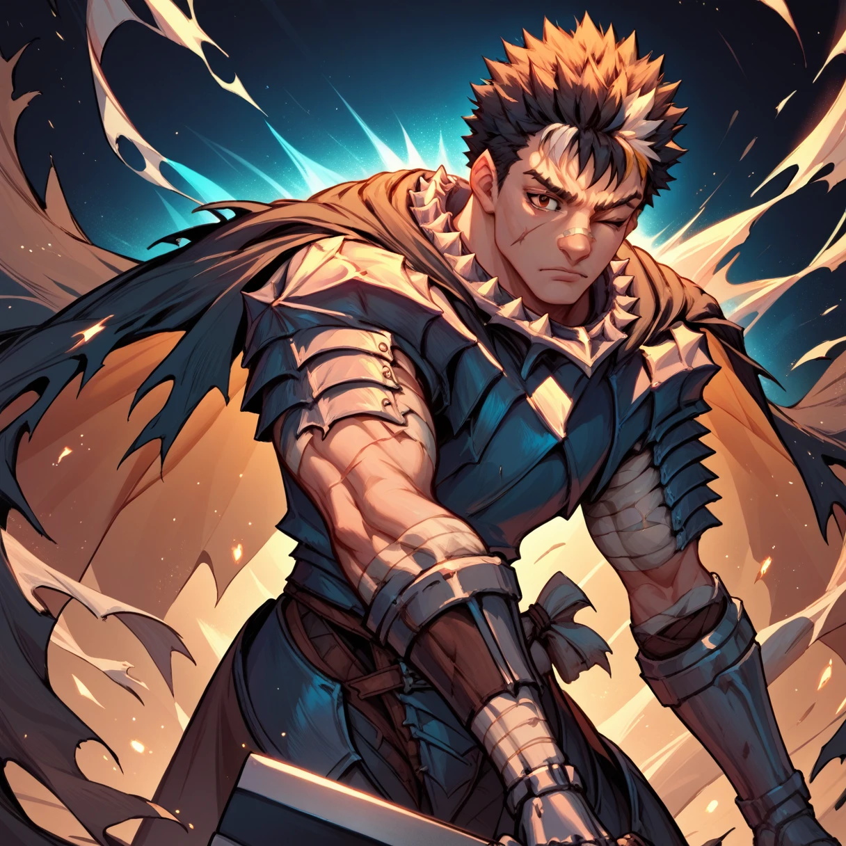 score_9, score_8_up, score_7_up, source_anime, looking at viewer, cowboy shot, Guts_Armor, brown eyes, short hair, multicolored hair, spiked hair, black armor, shoulder armor, gauntlets, greaves, bandaged arm, black cape, torn cape, scar on nose, one eye closed, muscular male, sword, holding sword, black background, light particles, dust, abstract background, glowing, night, dark lighting
