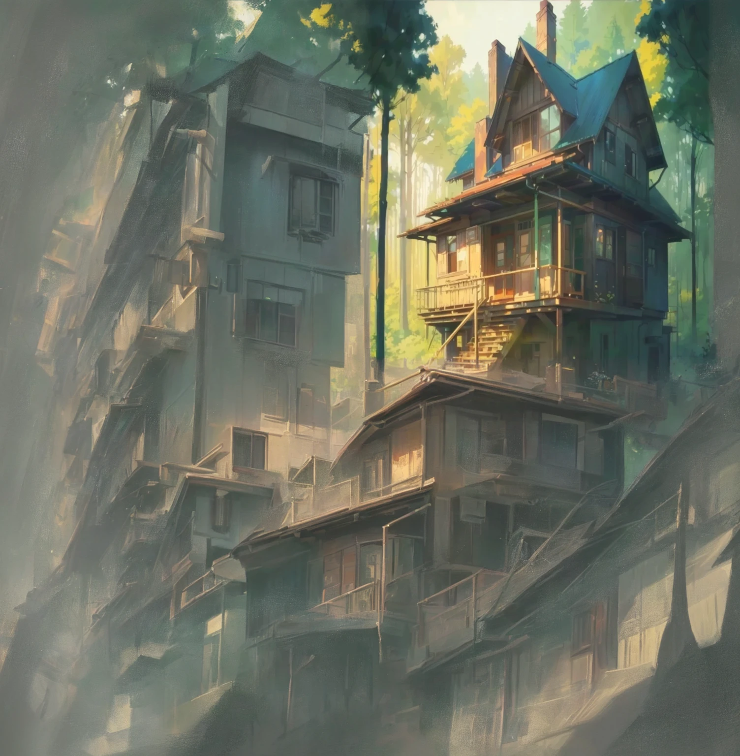 there is a painting of a house in the forest with a ladder, style of Makoto Shinkai, studio glibly makoto shinkai, animated background art, in style of Makoto Shinkai, Inspired by Makoto Shinkai, ( ( Makoto Shinkai ) ), house background, greg rutkowski Makoto Shinkai, lofi art style 1920x1080 resolution