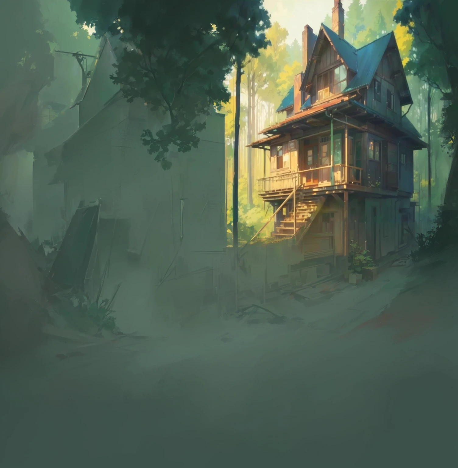 there is a painting of a house in the forest with a ladder, style of Makoto Shinkai, studio glibly makoto shinkai, animated background art, in style of Makoto Shinkai, Inspired by Makoto Shinkai, ( ( Makoto Shinkai ) ), house background, greg rutkowski Makoto Shinkai, lofi art style 1920x1080 resolution