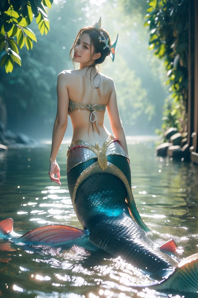 A radiant woman with a charming smile and sparkling eyes is posing as a sexy mermaid in a full body shot. She's wearing a shimmering mermaid tail and bikini top, surrounded by a beautiful underwater setting. It's a daytime scene with a mystical, enchanting mood. The lighting is soft and magical, creating a dreamy atmosphere. (solo), (look back pose: 1.5), (mermaid outfit: 1.5), (perfect anatomy: 1.3), (daytime: 1.3), (mystical enchanting mood: 1.5), (soft magical lighting: 1.4), (fantasy style: 1.3), (vivid colors: 1.2), (cinematic composition: 1.3), (professional photography: 1.4), (high detail: 1.5), (NSFW: 1.3).