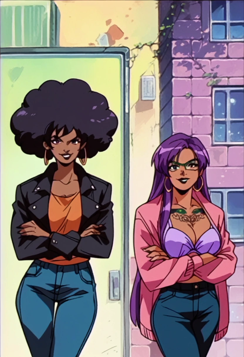 beautyful brown woman, brown skin, black skin, huge full afro purple hair, black lipstick, full lips, purple bra, purple eyes, black motorcyclist jacket, black jeans, hoop earring, green glasses, dragon tattoo, crossed arms, smile, night