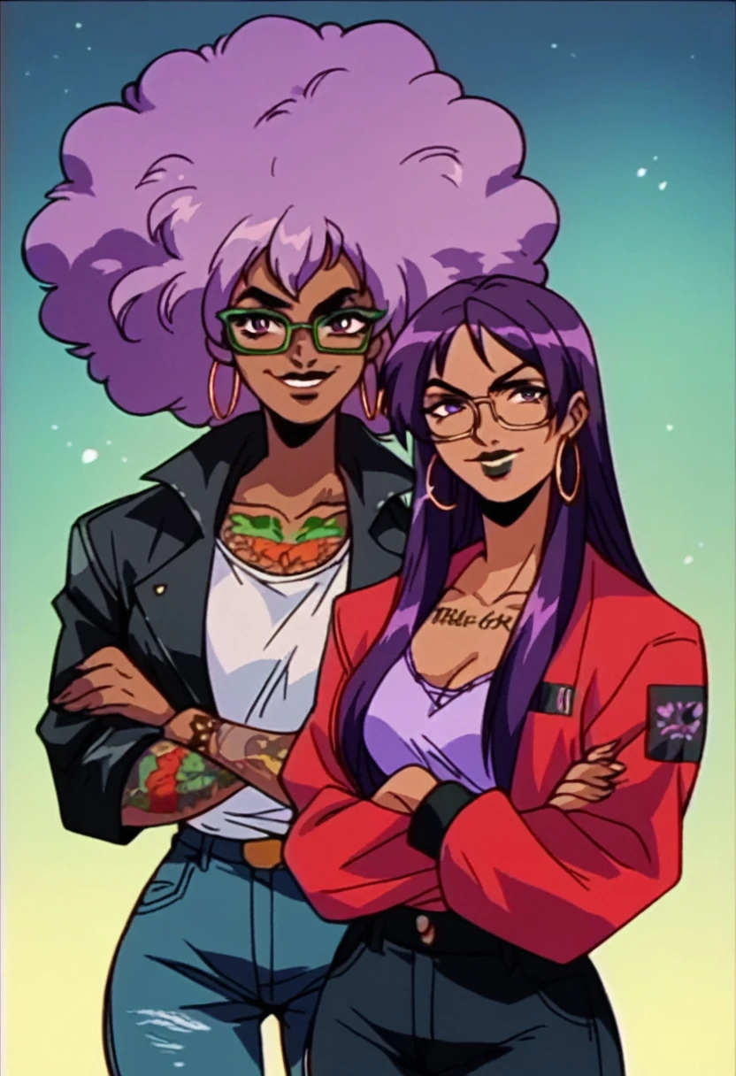 beautyful brown woman, brown skin, black skin, huge full afro purple hair, black lipstick, full lips, purple bra, purple eyes, black motorcyclist jacket, black jeans, hoop earring, green glasses, dragon tattoo, crossed arms, smile, night