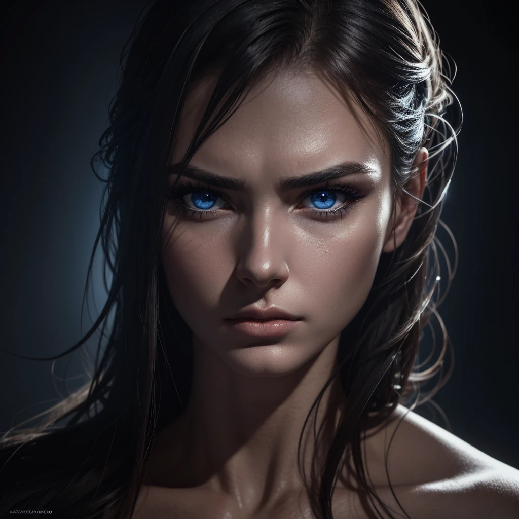 1 woman, striking facial features, deep expressive blue eyes, prominent cheekbones, strong eyebrows, dramatic lighting, chiaroscuro lighting, blurred background, ultra-realistic, 8k, realistic and artistic style, soft skin, intense and captivating mood