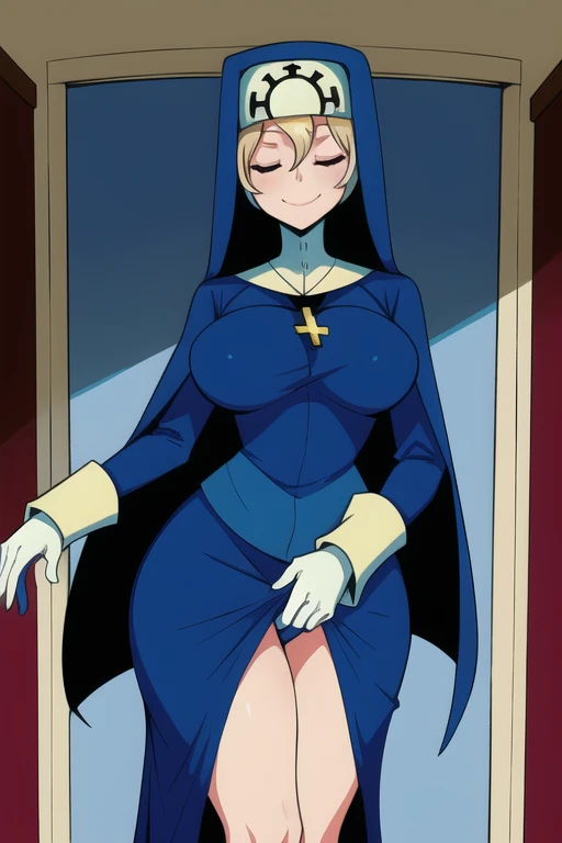 Double, short blonde hair, medium breasts, solo, 1girl, smiling, cowboy shot, closed eyes,
blue habit, cross necklace ,white gloves, long sleeves, nun, long skirt, room, bedroom, standing, sexy pose, cape, cloak, sexy butt