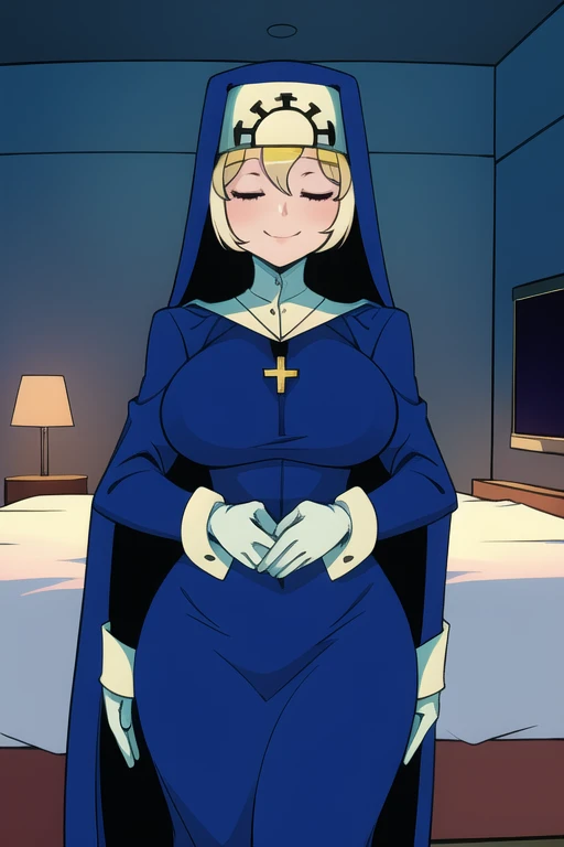Double, short blonde hair, medium breasts, solo, 1girl, smiling, cowboy shot, closed eyes,
blue habit, cross necklace ,white gloves, long sleeves, nun, long skirt, room, bedroom, standing, sexy pose, cape, cloak, sexy butt