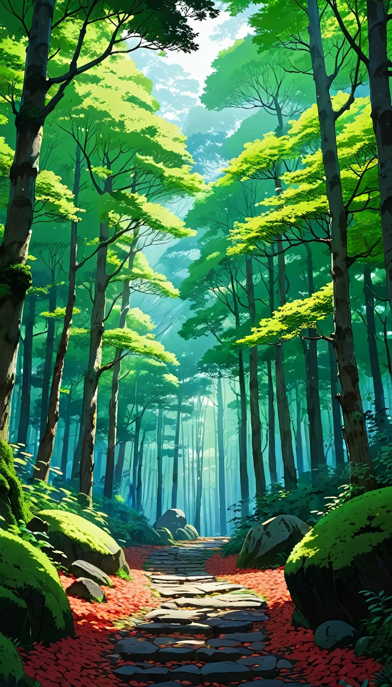 he quiet woodland landscape winding its way through fantastic, dense forests, the fantastic paths paved with moss-covered rocks, the paths lined with large boulders and small stones covered in bright green moss, all create a soft, rich texture. Tall trees with thick trunks and abundant foliage provide a green canopy, dazzling sunlight leaks through the leaves, the ground is littered with fallen leaves, the natural and unspoiled forest atmosphere is characteristic, the overall atmosphere is quiet and pleasant, capturing the beauty and peace of the hidden forest trails.hinkai Makoto style,, Scenery of Studio Ghibli, perfection, Highest quality, The best of art, 8K、 anime nature wallpapers, Beautiful anime scene, Beautiful anime peace scenes, Makoto Shinkai Cyril Rolland, Beautiful scene from anime, Awesome Wallpapers, Anime Art Wallpapers 8K, Anime Background, art Anime Background, Anime 4K Wallpapers, Anime Art 4K Wallpaper, Anime Art 4K Wallpaper,
