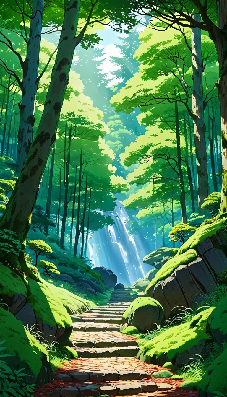 he quiet woodland landscape winding its way through fantastic, dense forests, the fantastic paths paved with moss-covered rocks, the paths lined with large boulders and small stones covered in bright green moss, all create a soft, rich texture. Tall trees with thick trunks and abundant foliage provide a green canopy, dazzling sunlight leaks through the leaves, the ground is littered with fallen leaves, the natural and unspoiled forest atmosphere is characteristic, the overall atmosphere is quiet and pleasant, capturing the beauty and peace of the hidden forest trails.hinkai Makoto style,, Scenery of Studio Ghibli, perfection, Highest quality, The best of art, 8K、 anime nature wallpapers, Beautiful anime scene, Beautiful anime peace scenes, Makoto Shinkai Cyril Rolland, Beautiful scene from anime, Awesome Wallpapers, Anime Art Wallpapers 8K, Anime Background, art Anime Background, Anime 4K Wallpapers, Anime Art 4K Wallpaper, Anime Art 4K Wallpaper,
