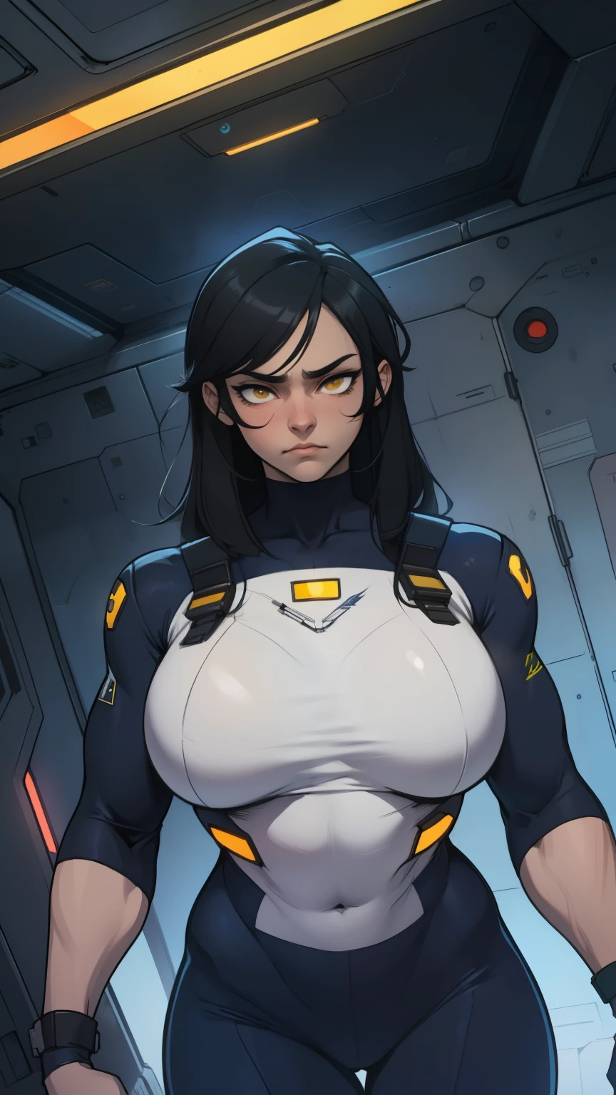 massive hair huge tits giant muscles expressionless sad girl black hair long hair yellow eyes pale skin extremely thick ((alien suit inside spaceship cockpit))