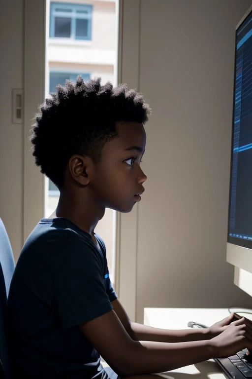 Profile photo of a dark-skinned boy using a computer