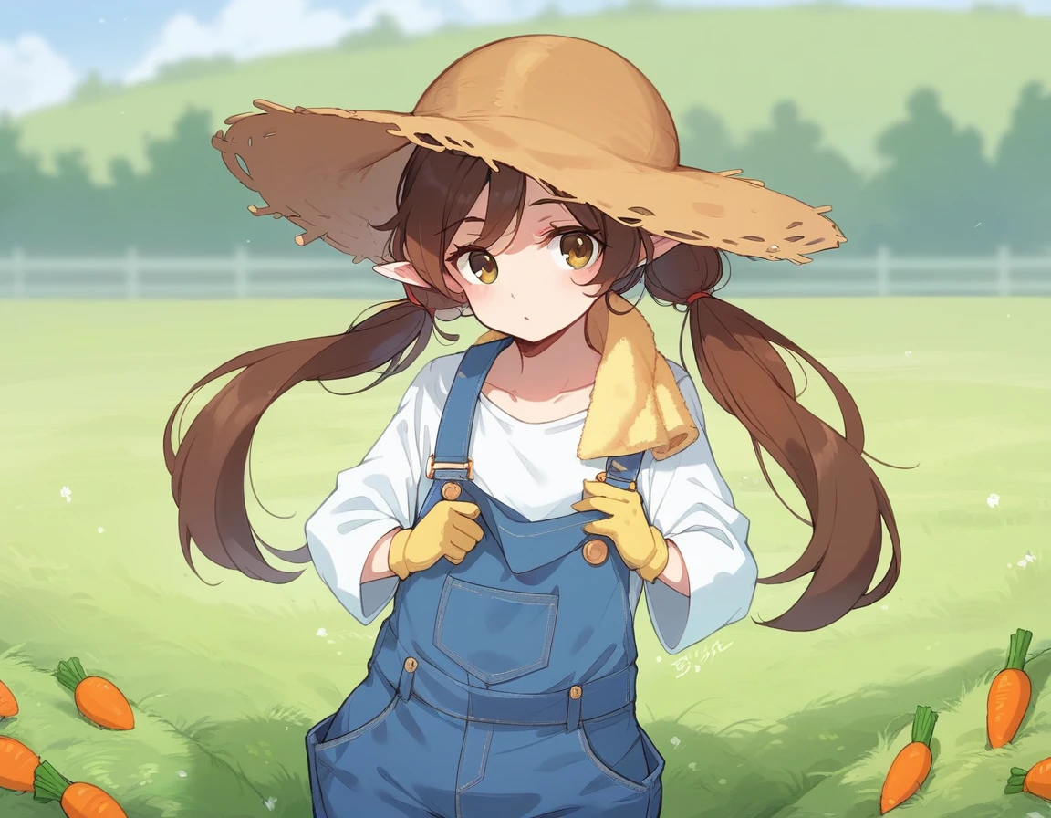BREAK Perfect Anatomy、(High resolution:1.2)、Incredible illustrations、(Cute illustrations:1.2)、()
(cinematic angle,solo focus,) (Beautiful background(vegetable field),
1girl(brown hair,twin tails) a girl,elf 1.7meters, 45kg,flat chest,
(straw hat,towel around neck,denim overalls,,oversized long sleeve shirt,work gloves)
A girl harvesting crops in a vegetable field