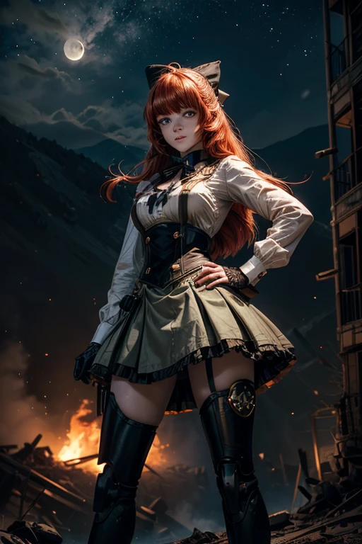 night, moon, stars, cowboy shot, (dynamic pose), smile, underbust, Penny Polendina, long red hair, neck ribbon, suspender skirt, corset, black bow, white blouse, mechanical legs, neon trim, hand on hip, (standing in city ruins), in valley, BREAK mountains in background, waterfall, crowd, (crowd in military uniform), post-apocalypse, dystopian future, bonfires (volumetric lighting), intricate details, tonemapping, sharp focus, hyper detailed