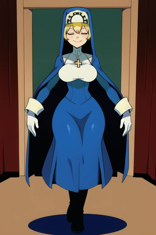 Double, short blonde hair, medium breasts, solo, 1girl, smiling, cowboy shot, closed eyes,
blue habit, cross necklace ,white gloves, long sleeves, nun, long skirt, room, bedroom, sexy pose, cape, sexy breast, standing, boots