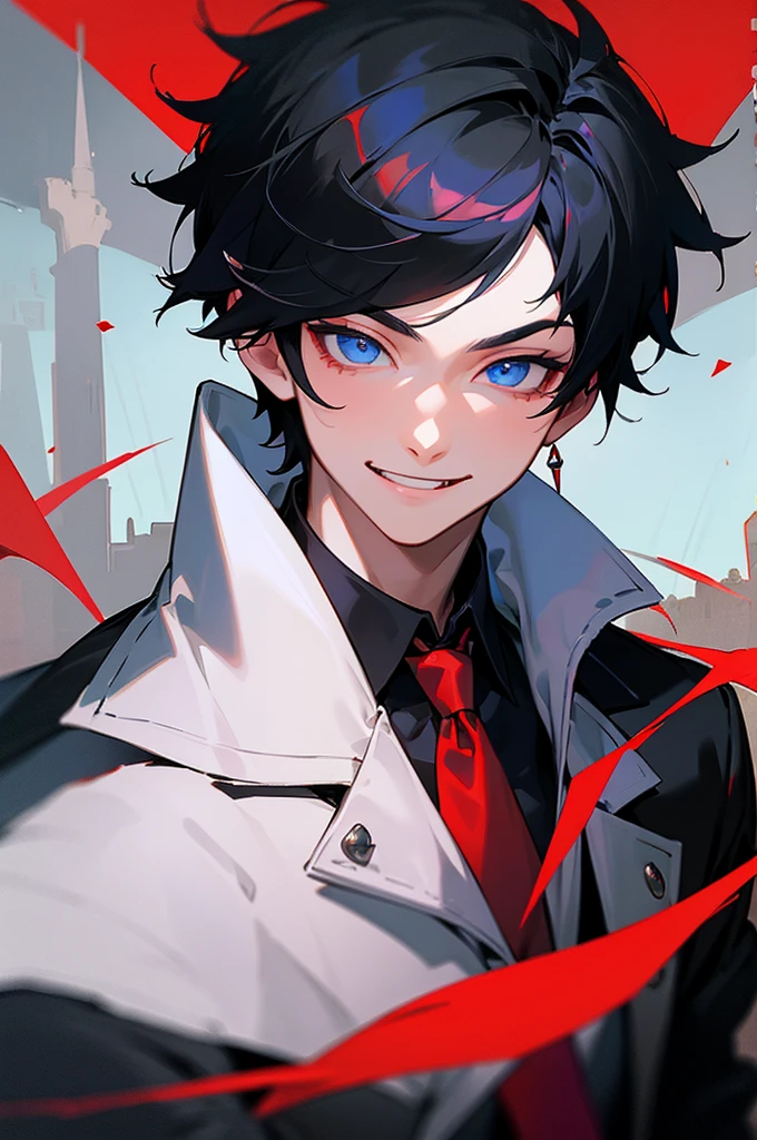 Masterpiece, Best Quality, 1boy, Riotsli, black hair, multi-colored hair, Short hair, blue eyes, shirt with collar, red tie, Jewelry, Choker, Black coat with fur trim on the shoulders, sleeves rolled up, upper-body, castle background, Smile, fangs
