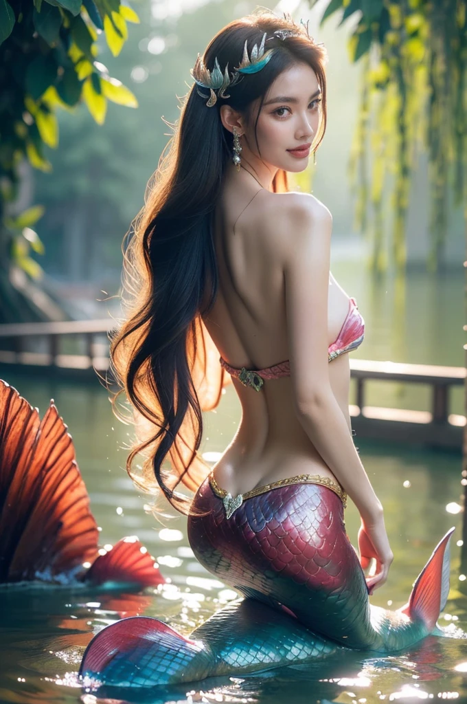 A radiant woman with a charming smile and sparkling eyes is posing as a sexy mermaid in a full body shot. She's wearing a shimmering mermaid tail and bikini top, surrounded by a beautiful underwater setting. It's a daytime scene with a mystical, enchanting mood. The lighting is soft and magical, creating a dreamy atmosphere. (solo), (look back pose: 1.5), (mermaid outfit: 1.5), (perfect anatomy: 1.3), (daytime: 1.3), (mystical enchanting mood: 1.5), (soft magical lighting: 1.4), (fantasy style: 1.3), (vivid colors: 1.2), (cinematic composition: 1.3), (professional photography: 1.4), (high detail: 1.5), (NSFW: 1.5).