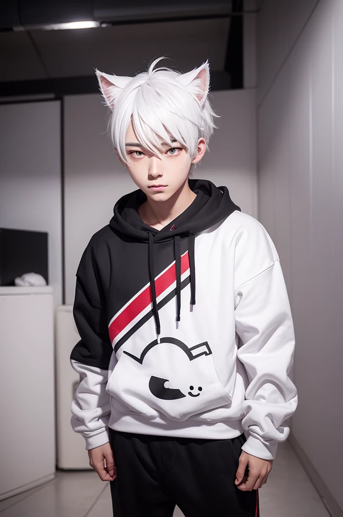 Drawing more cartoon character for vtuber man white hair cat ears eyes red sweatshirt gamer half body 