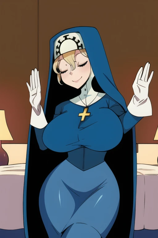 Double, short blonde hair, medium breasts, solo, 1girl, smiling, cowboy shot, closed eyes,
blue habit, cross necklace ,white gloves, long sleeves, nun, long skirt, room, bedroom, sexy pose, cape, sexy breast, standing, boots