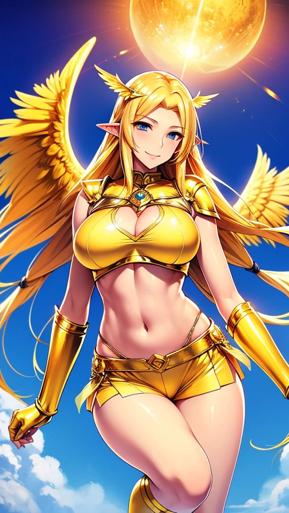  A tall goddess woman beautiful sexy sensual beautiful beautiful tenderness affectionate pretty smiles kindly long yellow hair wavy to the side one Mencho short yellow braid her light blue eye another orange eye she wears a shiny gold bra showing her navel and a pair of gold armor shorts showing her leg black net socks and has angel wings on his back blue sky background flying golden feather 