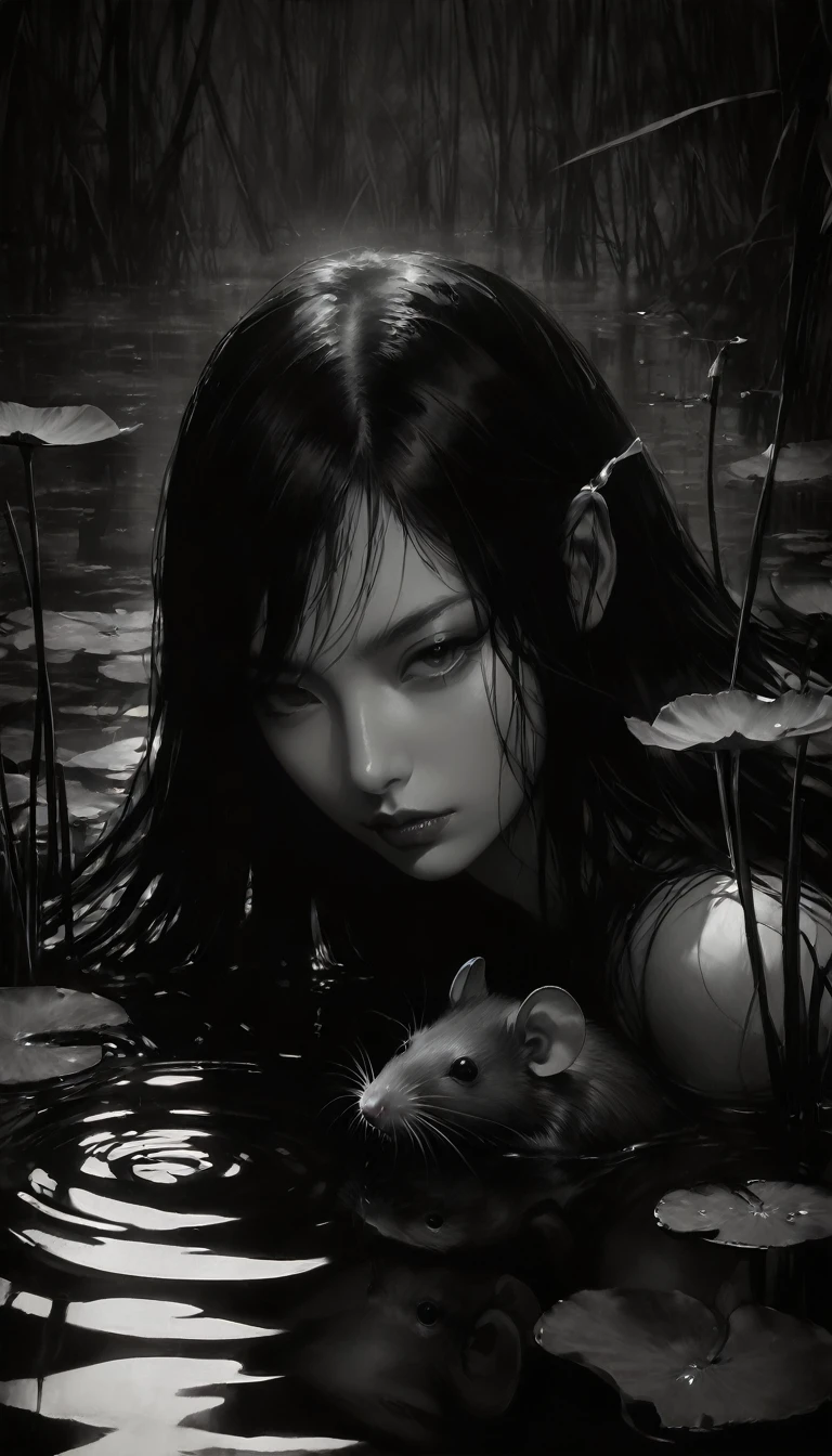((girl and her pet rat)) eroticism, sexy, black and white image, between shadows,in the water of a dark swamp with water lilies, oil painting, dramatic lighting, dramatic contrast, chiaroscuro, detailed face, sensual expression, elegant pose, female figure, mysterious, moody, cinematic, dark romantic, Bill Sienkiewicz inspired, dark atmosphere, powerful composition, dramatic shadows, high quality, photorealistic, masterpiece (best quality,4k,8k,highres,masterpiece:1.2),ultra-detailed,(realistic,photorealistic,photo-realistic:1.37),intricate details,,sharp focus,professional,Dave McKean artwork, oil touch of surrealism,oil painting
