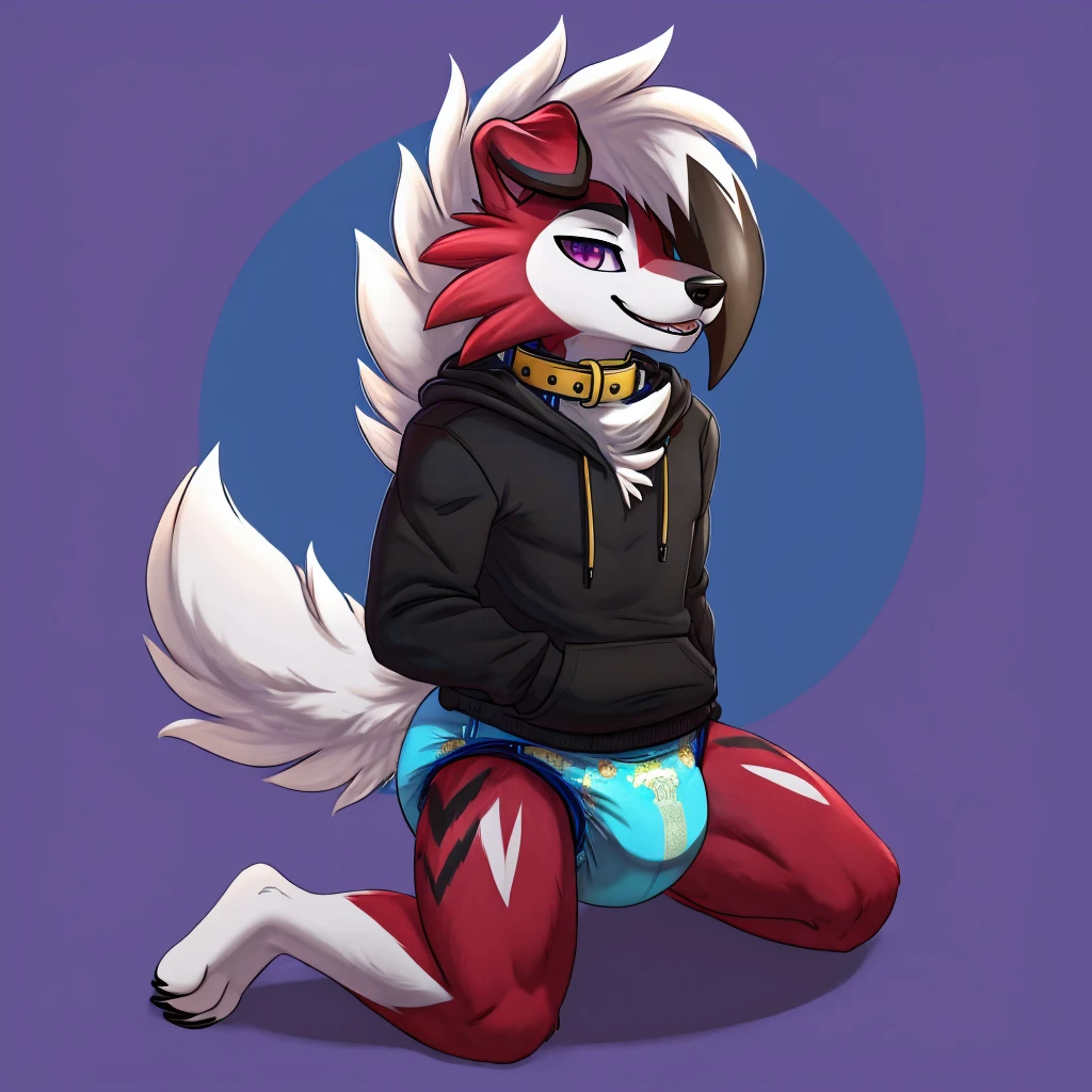 A dark purple Midnight femboy lycanroc wearing a black sweatshirt and a blue diaper and white socks with black stripes and a gold dog collar around his neck and with bracelets on his arms