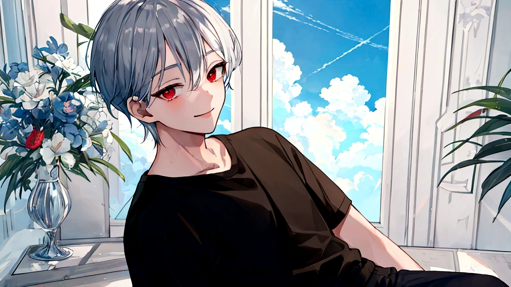 (masterpiece, Highest quality:1.2), (Ultra detailed face), (Very beautiful face), whole body, alone, Tall Boy, be patient, Male Focus, One boy, Gojo Satoru, smile, View your viewers, Gray Hair, Red eyes, Clear eyes, Beautiful Eyes, Beautiful attention to detail, Long eyelashes, Black T-shirt, Short sleeve, Black trousers, Beautiful blue sky, Summer sky, Dynamic Angle Information