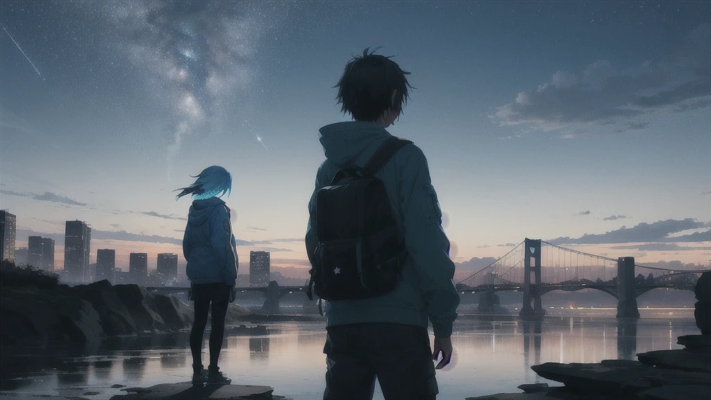 真っ暗なnight空,Octane, star (null), scenery, Blue parakeet,The acoustic guitar is in front of the body.,star, night, A girl and a boy standing back to back, Back view, alone, Outdoor, city,river,Blue parakeet,building, cloud, 天のriver,silhouette