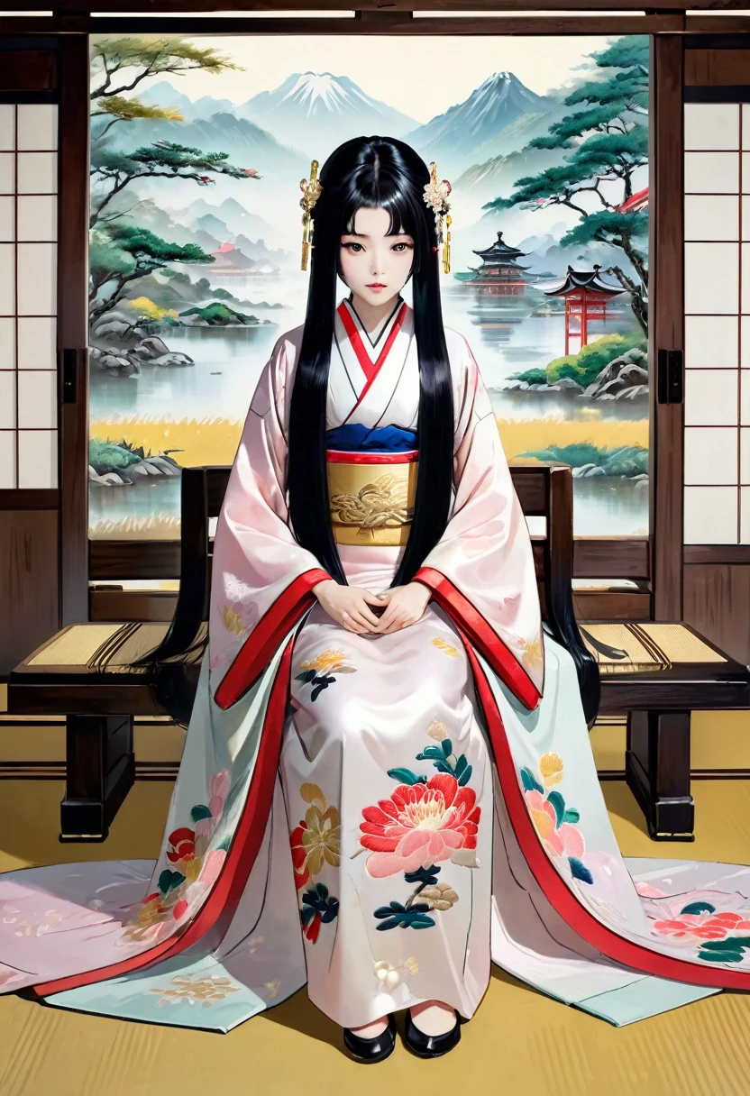 8K　Historical drama style　Beautiful slender Japanese  princess with long black hair　Gorgeous embroidery, Ultra glossy, She is wearing a shiny Heian period princess kimono.　She exposes her nipples and squeezes out breast milk on the futon