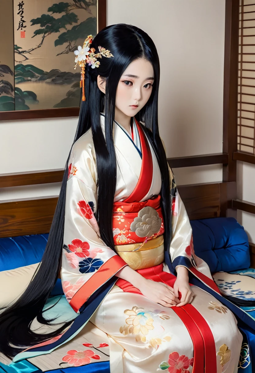 8K　Historical drama style　Beautiful slender Japanese  princess with long black hair　Gorgeous embroidery, Ultra glossy, She is wearing a shiny Heian period princess kimono.　She exposes her nipples and squeezes out breast milk on the futon