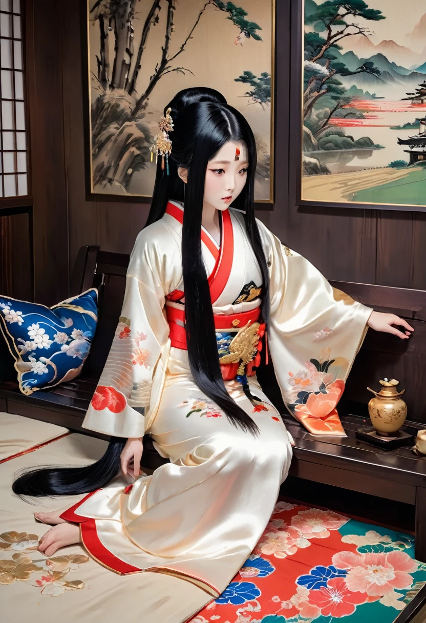 8K　Historical drama style　Beautiful slender Japanese child princess with long black hair　Gorgeous embroidery, Ultra glossy, She is wearing a shiny Heian period princess kimono.　She exposes her nipples and squeezes out breast milk on the futon